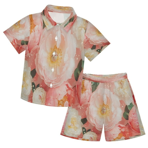 YAZAOO Button-Down Shirts Summer Shorts Sets Fashion Pink and White Peonies Sparkles Pattern Casual Set