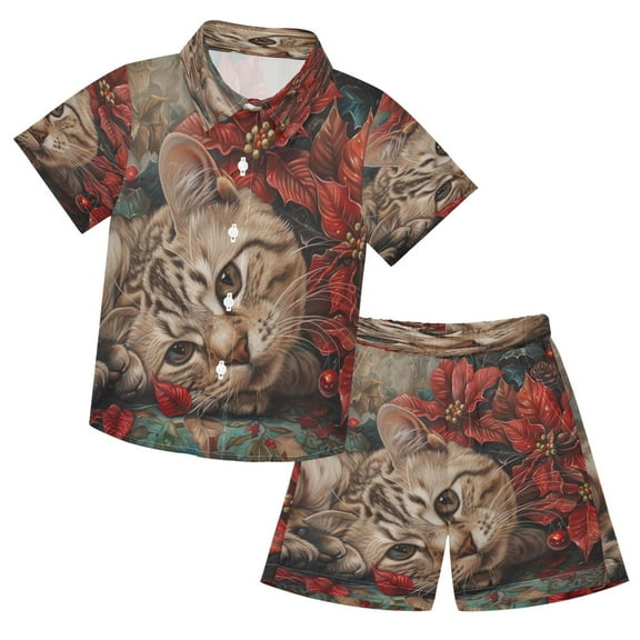 YAZAOO Button-Down Shirts Summer Shorts Sets Fashion Pondering Tabby Amidst Poinsettias Pattern Casual Set