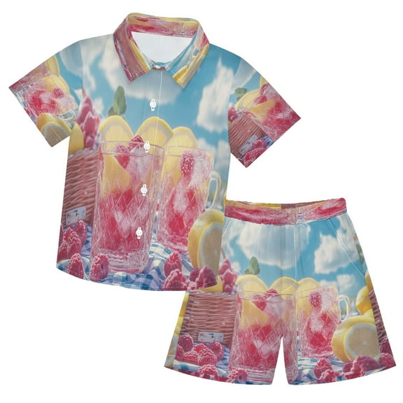YAZAOO Button-Down Shirts Summer Shorts Sets Fashion Raspberry Lemonade Summer Drink Pattern Casual Set