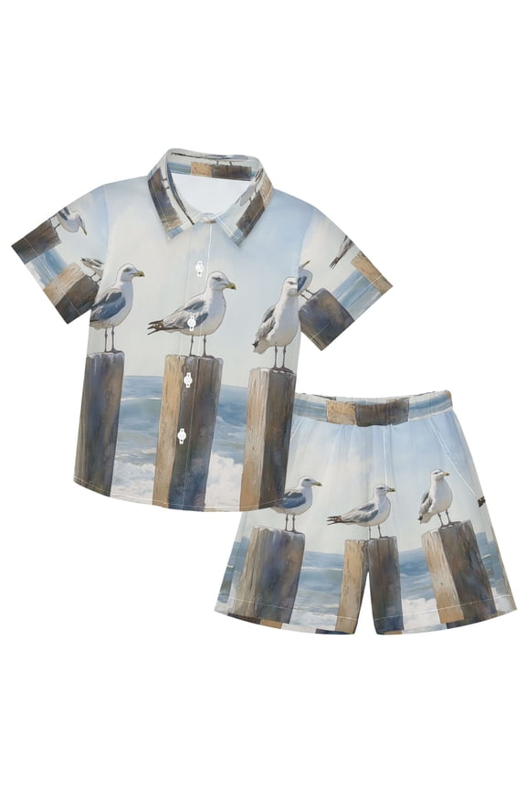 Button-Down Shirts Summer Shorts Sets Fashion Seagull Sentinels Pattern Casual Set