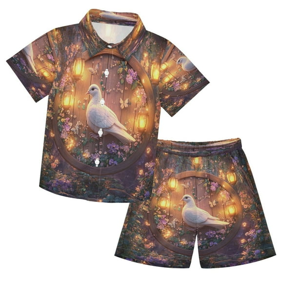 YAZAOO Button-Down Shirts Summer Shorts Sets Fashion Serene Songbird Pattern Casual Set