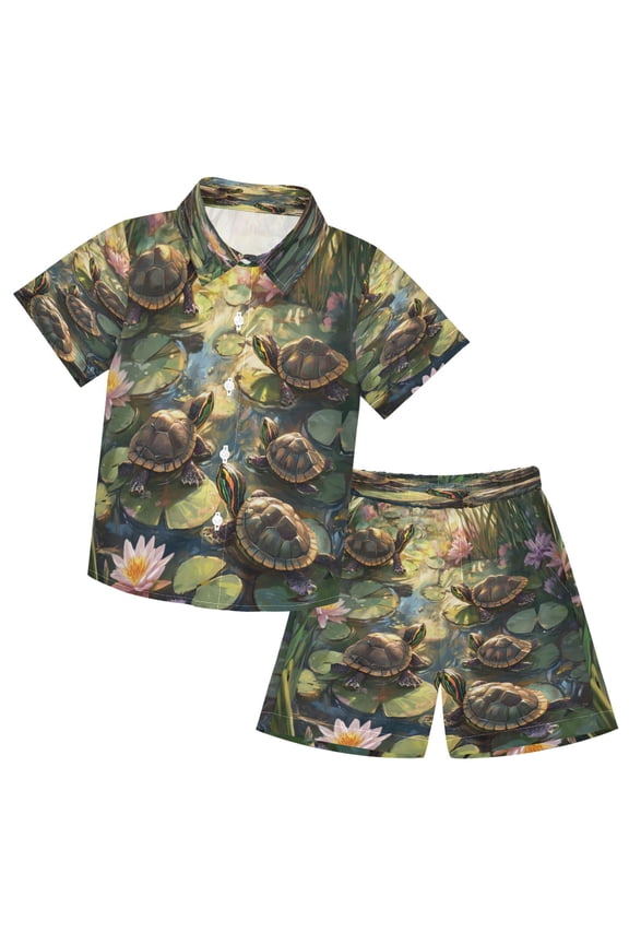 Button-Down Shirts Summer Shorts Sets Fashion Serene Turtle Oasis Pattern Casual Set