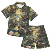 YAZAOO Button-Down Shirts Summer Shorts Sets Fashion Serene Turtle Oasis Pattern Casual Set