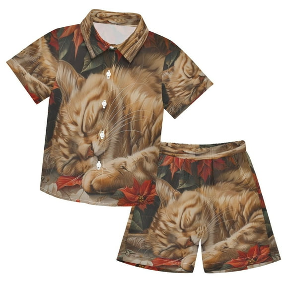 YAZAOO Button-Down Shirts Summer Shorts Sets Fashion Sleepy Ginger and Poinsettias Pattern Casual Set