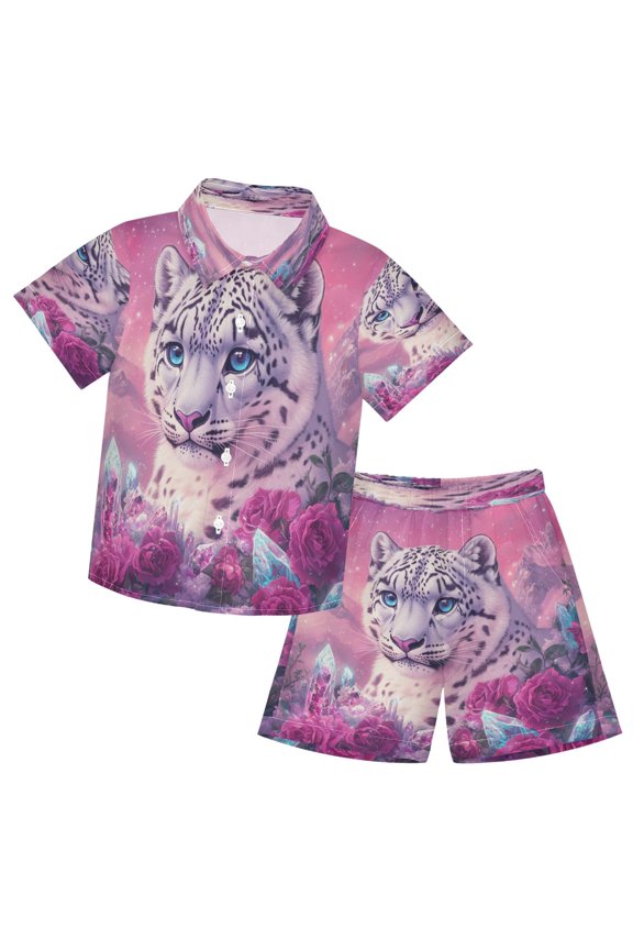 Button-Down Shirts Summer Shorts Sets Fashion Snow Leopard Fantasy Art Pattern Casual Set