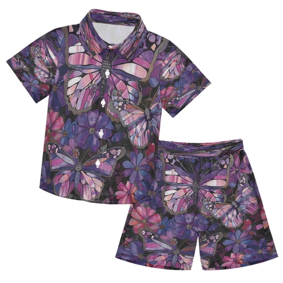 YAZAOO Button-Down Shirts Summer Shorts Sets Fashion Stained Glass Flutter Pattern Casual Set