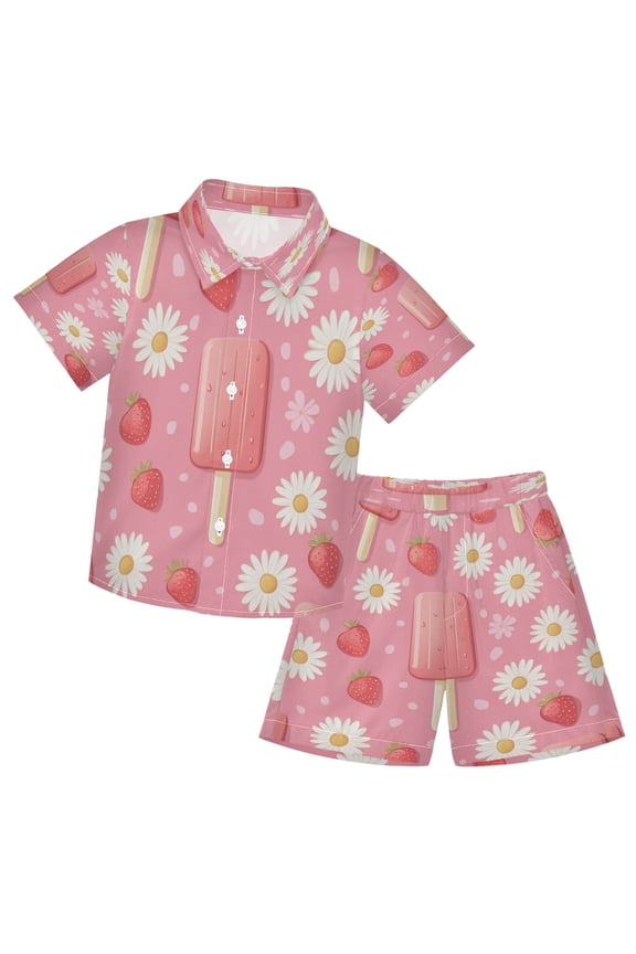 Button-Down Shirts Summer Shorts Sets Fashion Strawberries and Ice Pops Pattern Casual Set