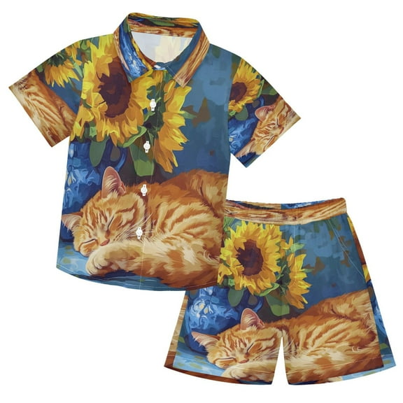 YAZAOO Button-Down Shirts Summer Shorts Sets Fashion Sunlit Slumber Pattern Casual Set