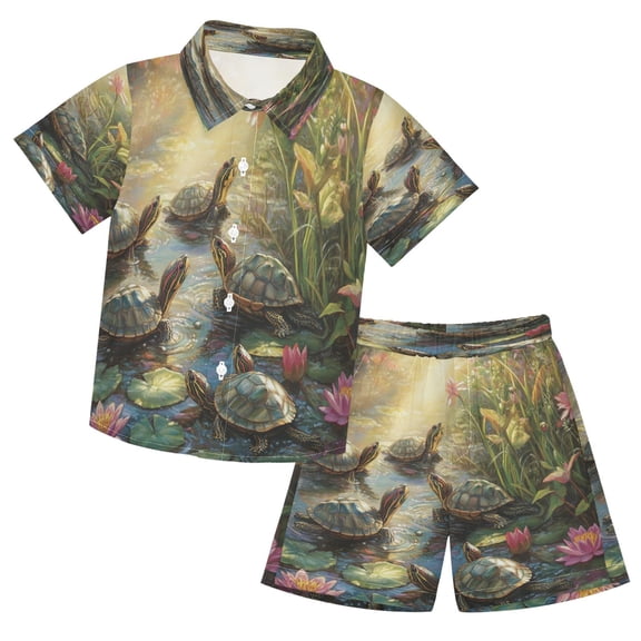 YAZAOO Button-Down Shirts Summer Shorts Sets Fashion Sunlit Turtle Gathering Pattern Casual Set