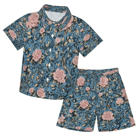 YAZAOO Button-Down Shirts Summer Shorts Sets Fashion Timeless Roses on Azure Pattern Casual Set