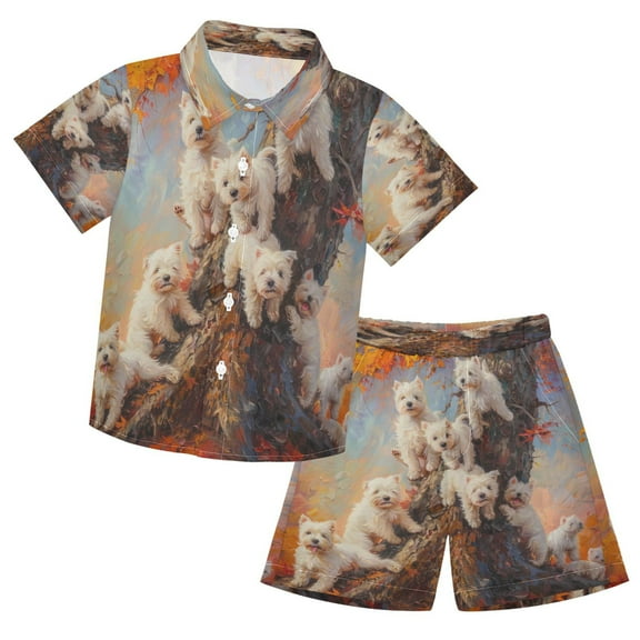 YAZAOO Button-Down Shirts Summer Shorts Sets Fashion Tree-climbing Cuties Pattern Casual Set