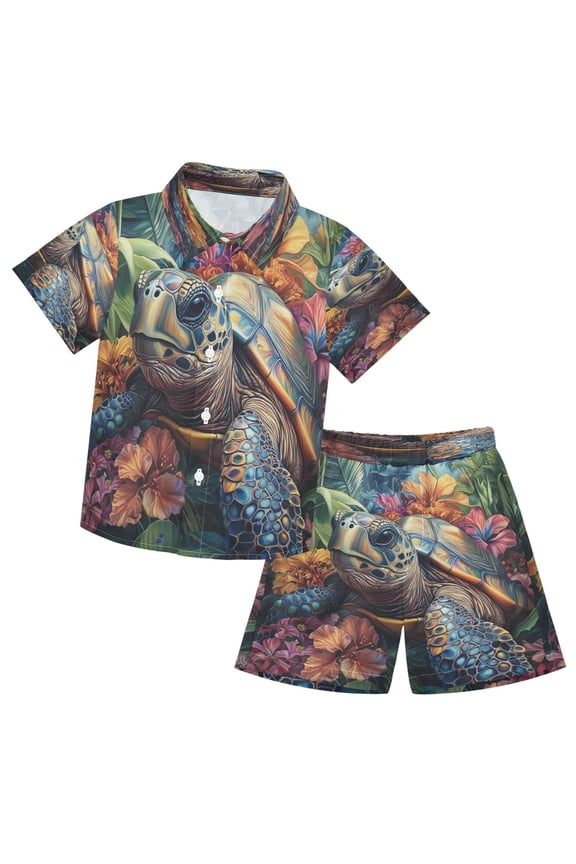 Button-Down Shirts Summer Shorts Sets Fashion Tropical Turtle Escape Pattern Casual Set