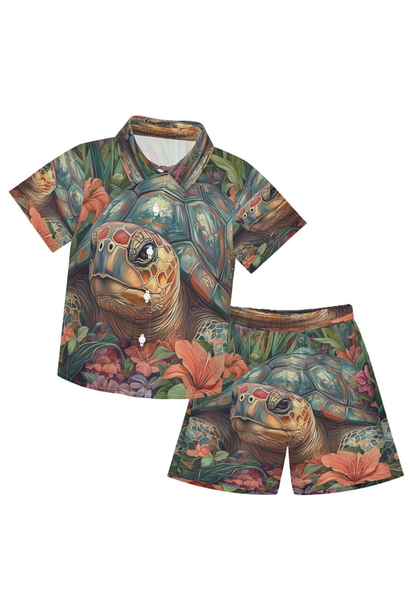 Button-Down Shirts Summer Shorts Sets Fashion Turtle in A Tropical Paradise Pattern Casual Set