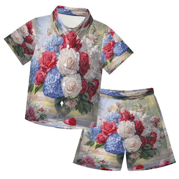 YAZAOO Button-Down Shirts Summer Shorts Sets Fashion Vibrant Floral Bouquet Pattern Casual Set