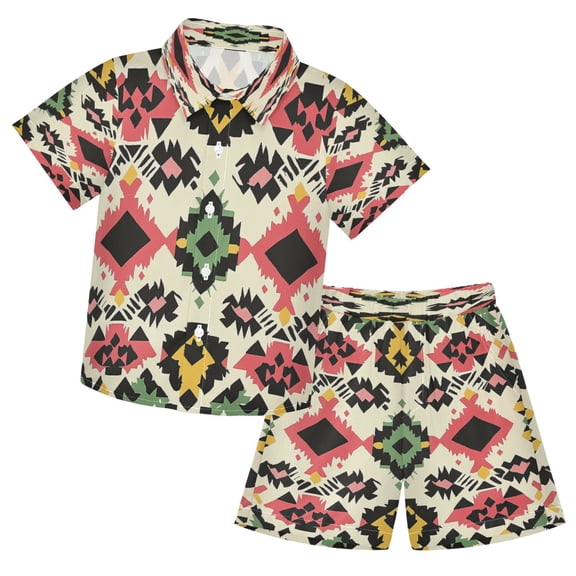 YAZAOO Button-Down Shirts Summer Shorts Sets Fashion Vibrant Geometric Melody Pattern Casual Set
