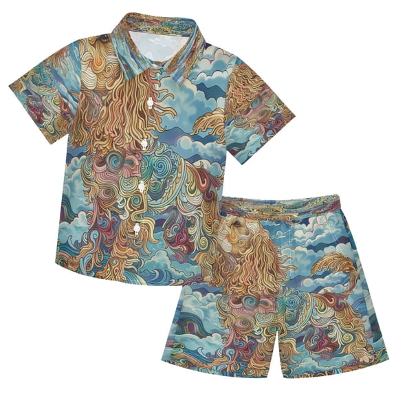 YAZAOO Button-Down Shirts Summer Shorts Sets Fashion Whimsical Dog in Colorful Clouds Pattern Casual Set