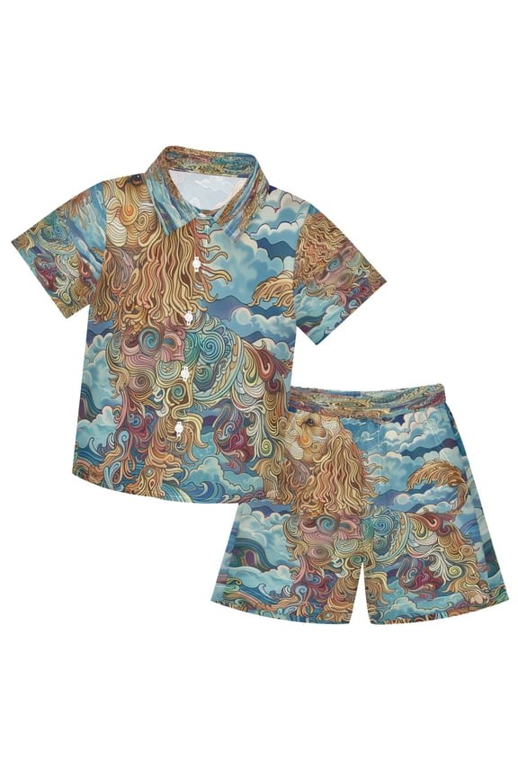 Button-Down Shirts Summer Shorts Sets Fashion Whimsical Dog in Colorful Clouds Pattern Casual Set