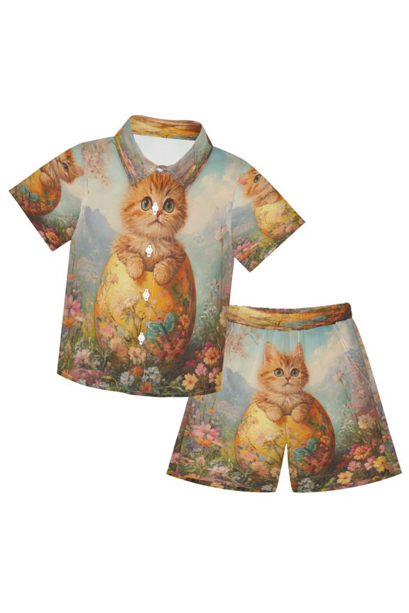 Button-Down Shirts Summer Shorts Sets Fashion Whiskered Wonder in Bloom Pattern Casual Set