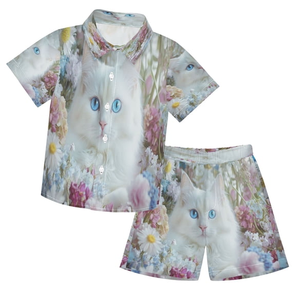 YAZAOO Button-Down Shirts Summer Shorts Sets Fashion White Cat with Blue Eyes Pattern Casual Set