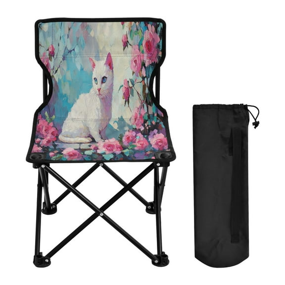 YAZAOO Camping Chairs Modern White Cat Among Pink Roses Pattern Folding chair