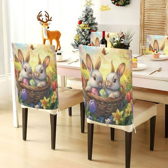 YAZAOO Chair Covers Set Home Kitchen Gray Rabbit on Easter Basket Party Decor Seat Back Cover Protector