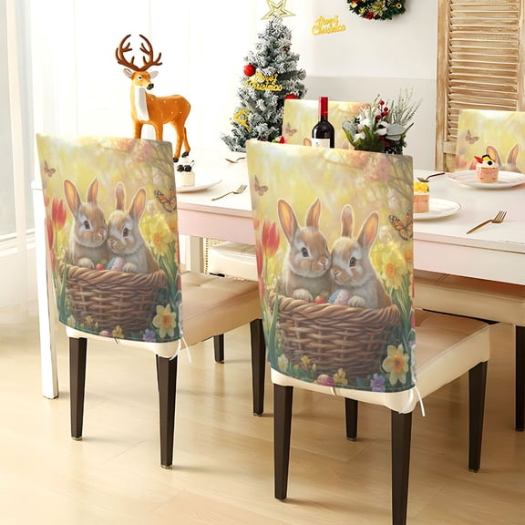 YAZAOO Chair Covers Set Home Kitchen Rabbit on Easter Basket Party Decor Seat Back Cover Protector