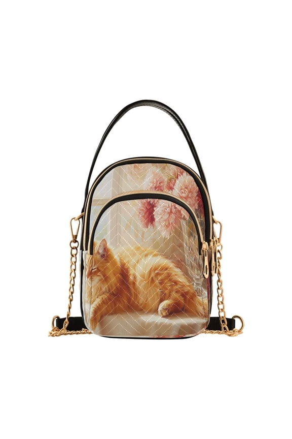Cross Body Fashion Shoulder Waist Purse Bags Cat Sleeping Beside Flowers Pocket Handbags