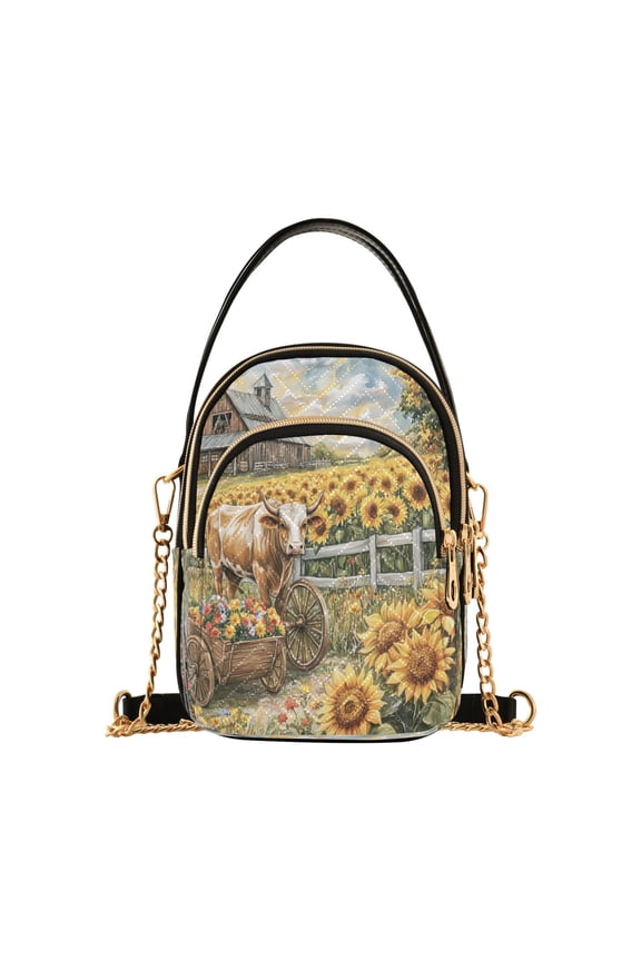 Cross Body Fashion Shoulder Waist Purse Bags Cow Sunflowers Barn and Cart Pocket Handbags