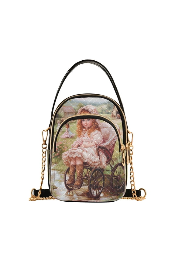 Cross Body Fashion Shoulder Waist Purse Bags Little Girl in Vintage Pram Pocket Handbags