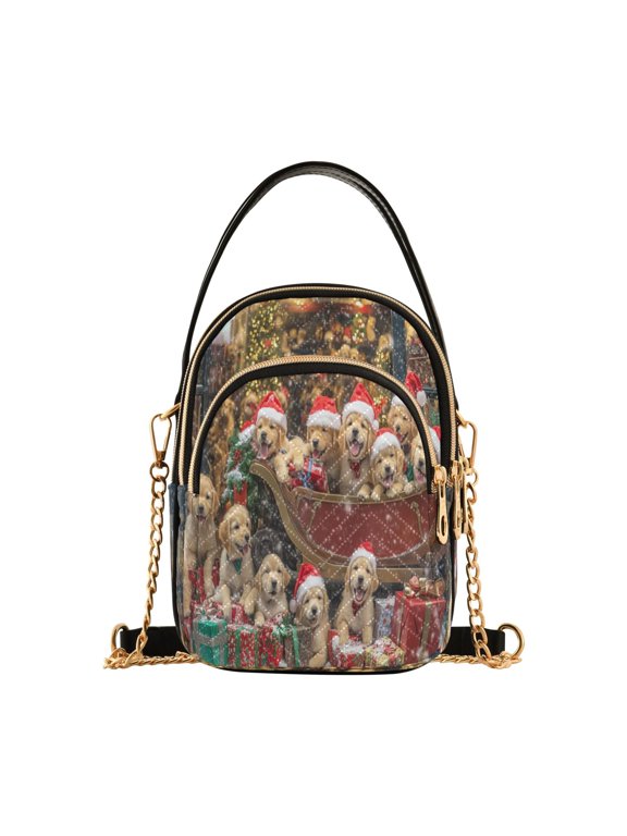 Cross Body Fashion Shoulder Waist Purse Bags Puppies in Sleigh with Presents Pocket Handbags