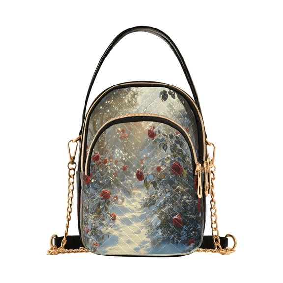 YAZAOO Cross Body Fashion Shoulder Waist Purse Bags Snowy Path with Red Roses Pocket Handbags