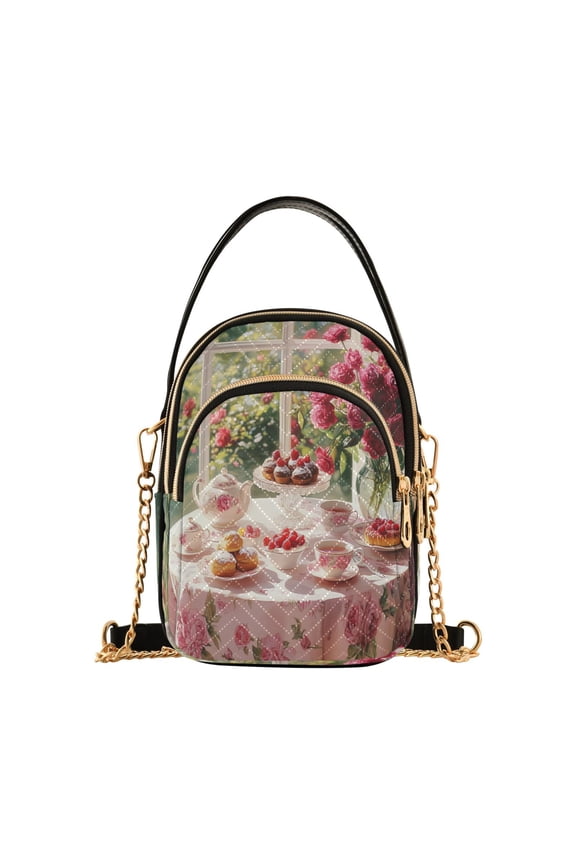 Cross Body Fashion Shoulder Waist Purse Bags Tea Set with Cakes Roses Pocket Handbags