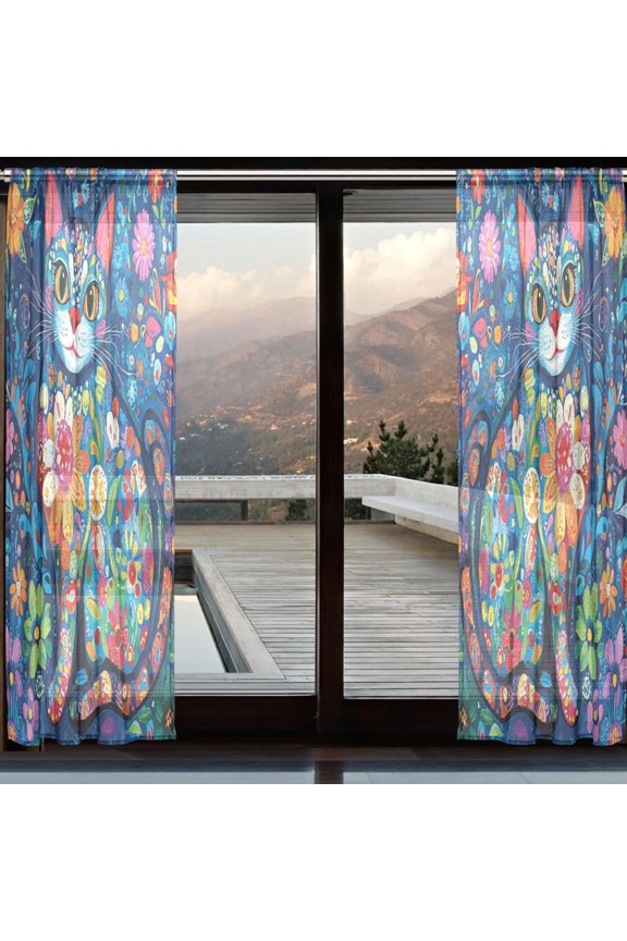 Curtains 110/118 Inch Long French Curtains Blooming Cat Delight Print For Farmhouse Bedroom Curtains Window Curtain Set 2