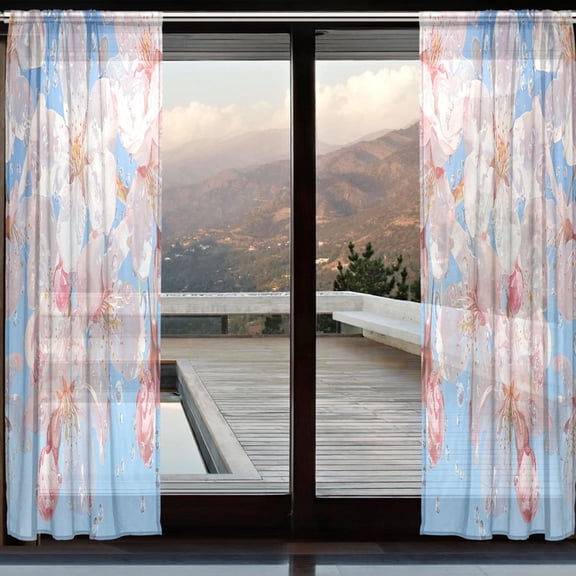 YAZAOO Curtains 110/118 Inch Long French Curtains Cherry Blossoms Rain Print For Farmhouse Bedroom Curtains Window Curtain Set 2
