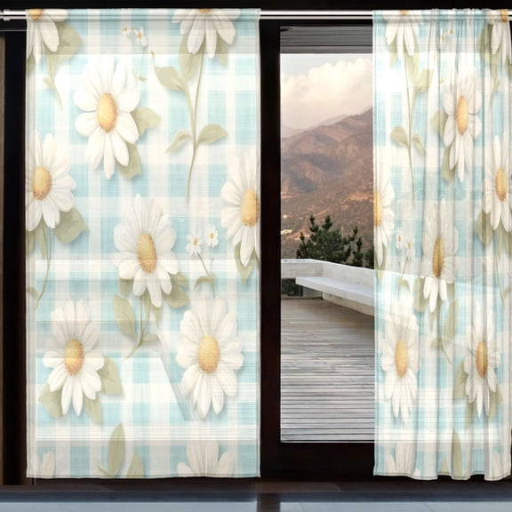 YAZAOO Curtains 110/118 Inch Long French Curtains Daisy Delight on Plaid Print For Farmhouse Bedroom Curtains Window Curtain Set 2