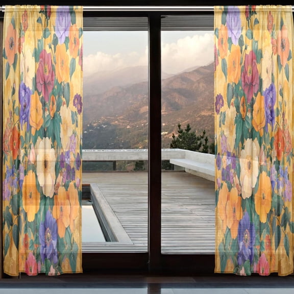 YAZAOO Curtains 110/118 Inch Long French Curtains Golden Floral Harmony Print For Farmhouse Bedroom Curtains Window Curtain Set 2