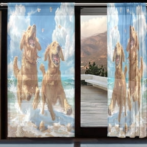 YAZAOO Curtains 110/118 Inch Long French Curtains Joyful Goldens Making Waves Print For Farmhouse Bedroom Curtains Window Curtain Set 2