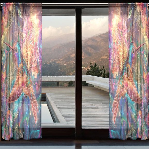 YAZAOO Curtains 110/118 Inch Long French Curtains Luminous Hummingbird Magic Print For Farmhouse Bedroom Curtains Window Curtain Set 2