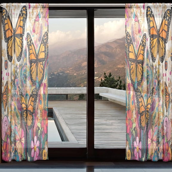 YAZAOO Curtains 110/118 Inch Long French Curtains Monarch Butterflies in Flight Print For Farmhouse Bedroom Curtains Window Curtain Set 2