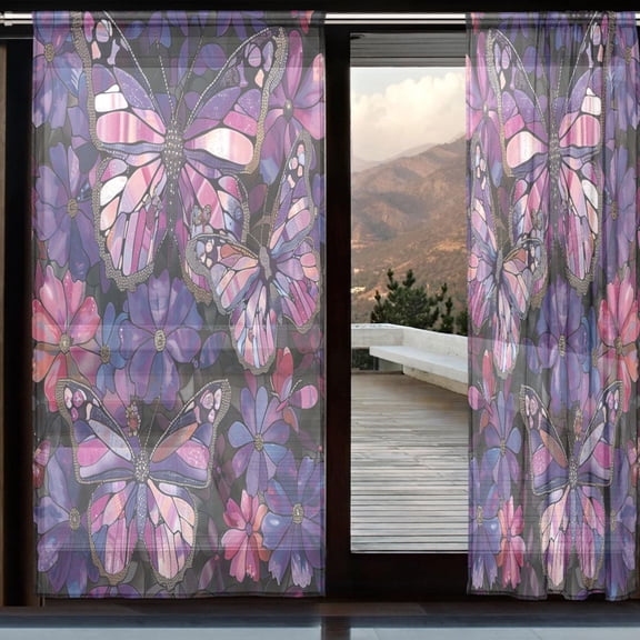 YAZAOO Curtains 110/118 Inch Long French Curtains Stained Glass Flutter Print For Farmhouse Bedroom Curtains Window Curtain Set 2