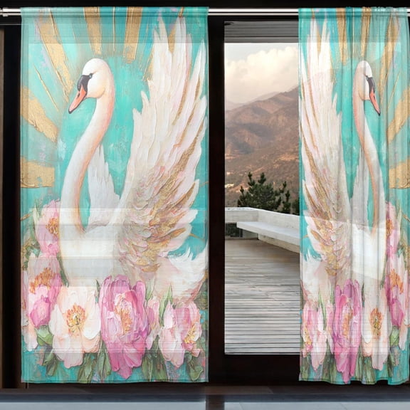 YAZAOO Curtains 110/118 Inch Long French Curtains Sunlit Swan Bouquet Print For Farmhouse Bedroom Curtains Window Curtain Set 2