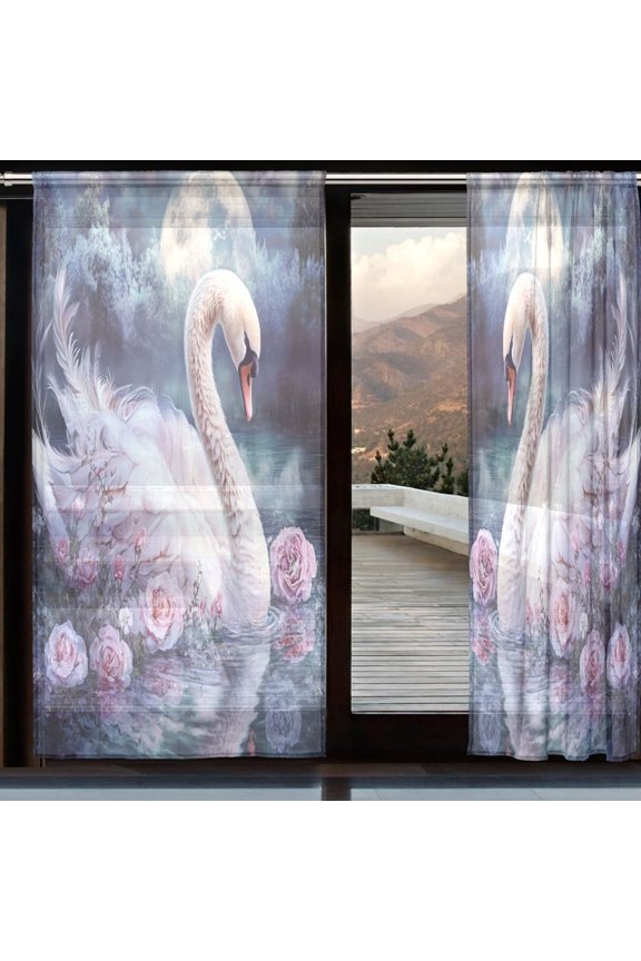 Curtains 110/118 Inch Long French Curtains Swan by Moonlight with Roses Print For Farmhouse Bedroom Curtains Window Curtain Set 2