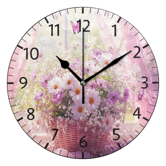 YAZAOO Decorative Wall Clock Size：25cm Basket Of Daisies and Butterflies Design Pattern Clock