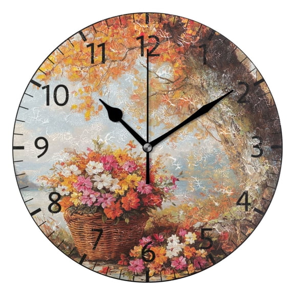 YAZAOO Decorative Wall Clock Size：25cm Basket Of Flowers in Autumn Design Pattern Clock