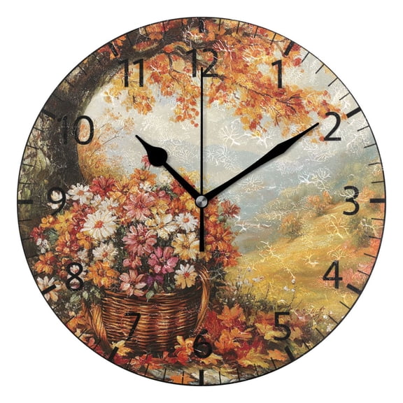 YAZAOO Decorative Wall Clock Size:25cm Basket Of Flowers under Tree Design Pattern Clock