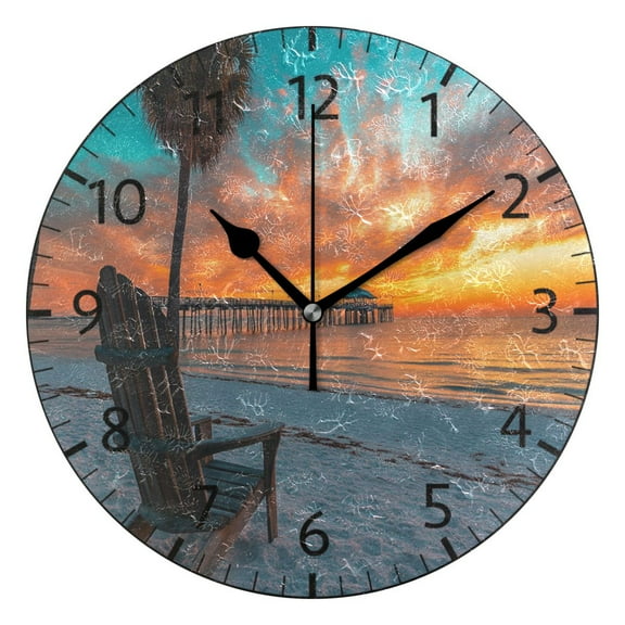 YAZAOO Decorative Wall Clock Size:25cm Beach Sunset with Pier Design Pattern Clock