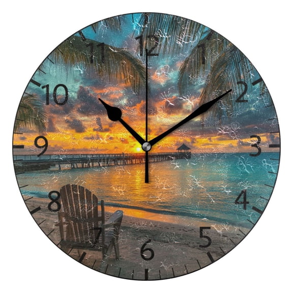 YAZAOO Decorative Wall Clock Size:25cm Beach Sunset with Trees Design Pattern Clock