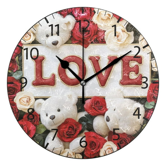 YAZAOO Decorative Wall Clock Size：25cm Bear Hugs and Rose Design Pattern Clock