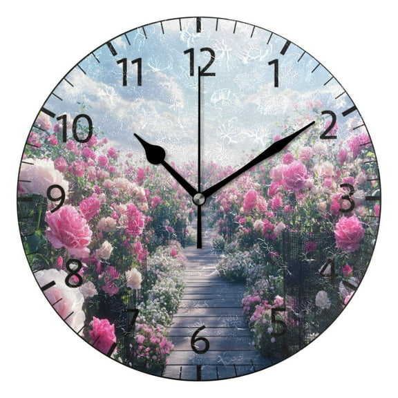 YAZAOO Decorative Wall Clock Size:25cm Blooming Pink Rose Garden Design Pattern Clock
