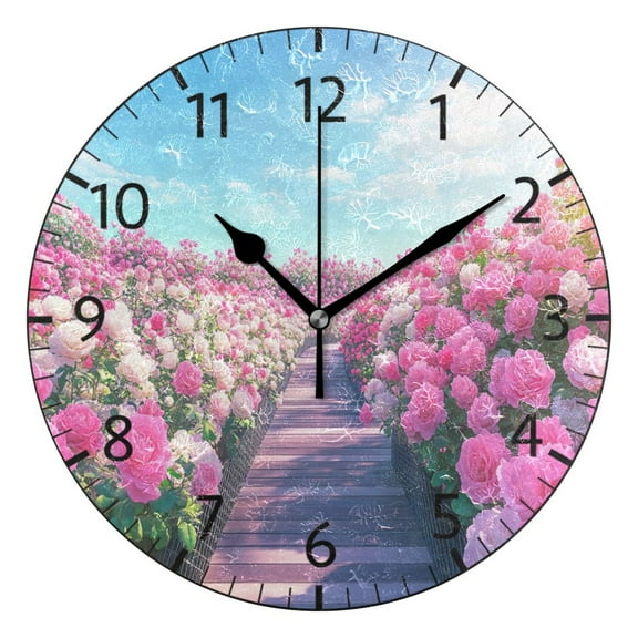 YAZAOO Decorative Wall Clock Size:25cm Blooming Pink Rose Garden Design Pattern Clock